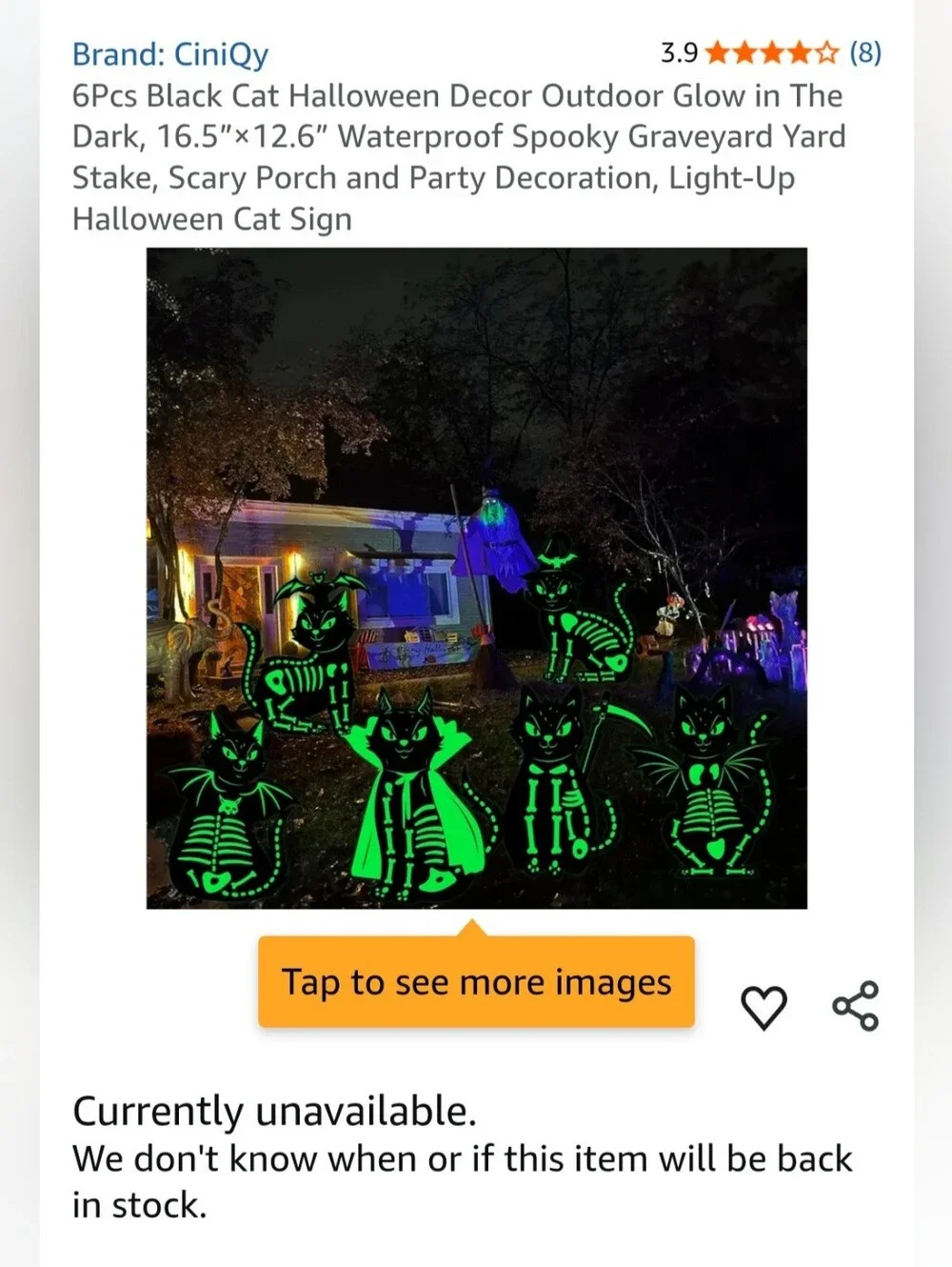 New 6Pcs Black Cat Halloween Decor Outdoor Glow in The Dark